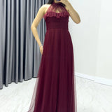 Bordo Drapeli Kolsuz Tül Abiye Elbise