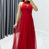 Kırmızı Drapeli Kolsuz Tül Abiye Elbise