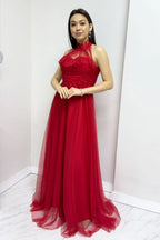 Kırmızı Drapeli Kolsuz Tül Abiye Elbise

