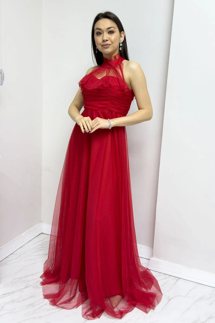 Kırmızı Drapeli Kolsuz Tül Abiye Elbise

