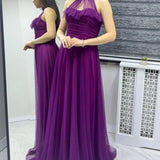 Mor Drapeli Kolsuz Tül Abiye Elbise