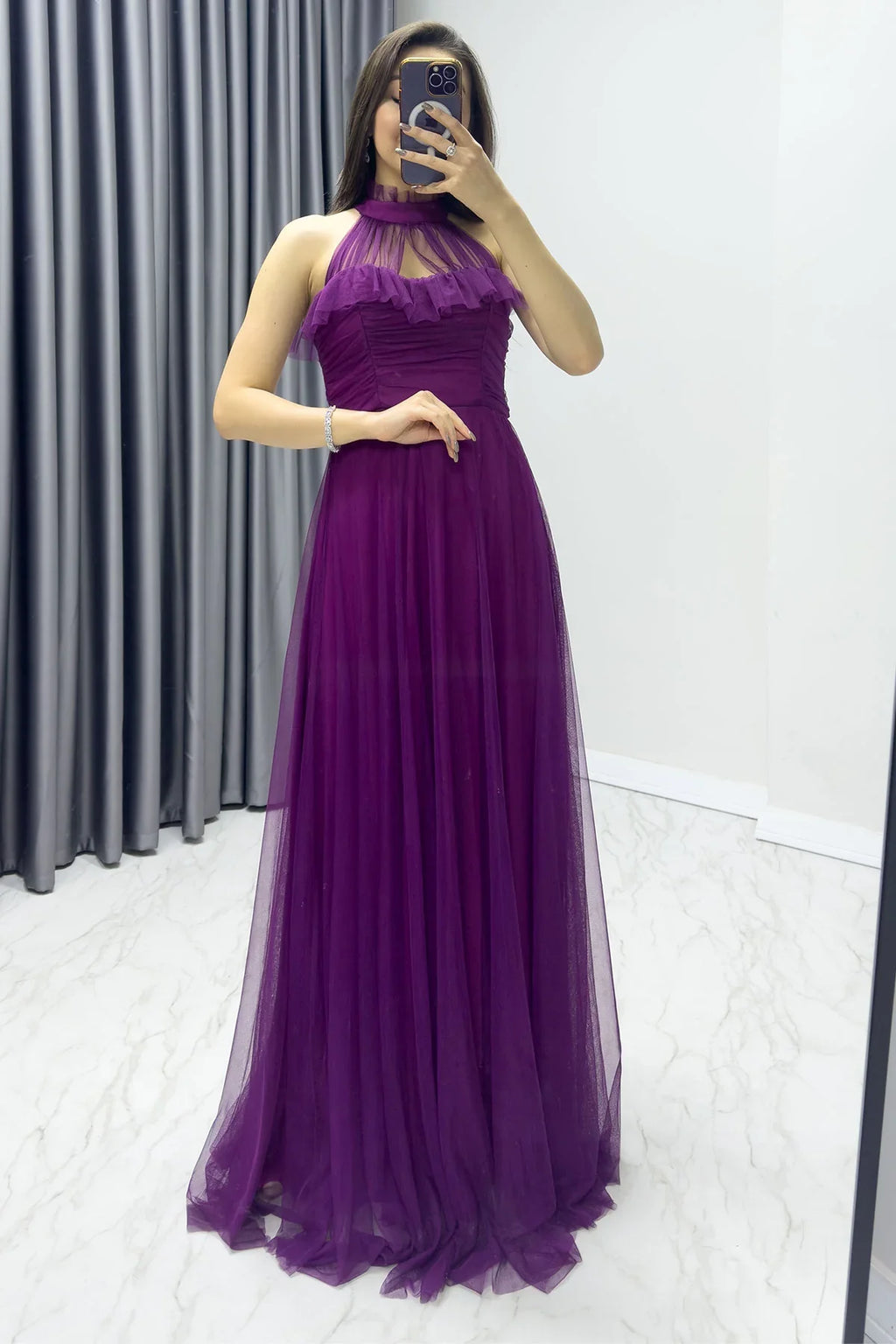 Mor Drapeli Kolsuz Tül Abiye Elbise

