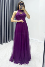 Mor Drapeli Kolsuz Tül Abiye Elbise

