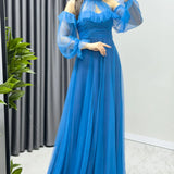 Turkuaz Tül Drapeli Kloş Abiye