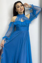 Turkuaz Tül Drapeli Kloş Abiye