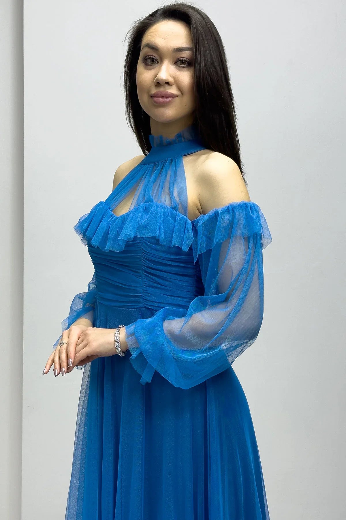 Turkuaz Tül Drapeli Kloş Abiye