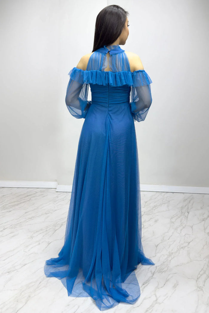 Turkuaz Tül Drapeli Kloş Abiye