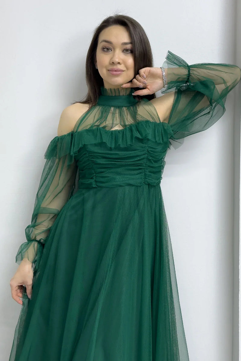 Zümrüt Yeşili Tül Drapeli Kloş Abiye