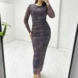 Mor Bisiklet Yaka Çiçek Desenli  Likralı Tül Elbise