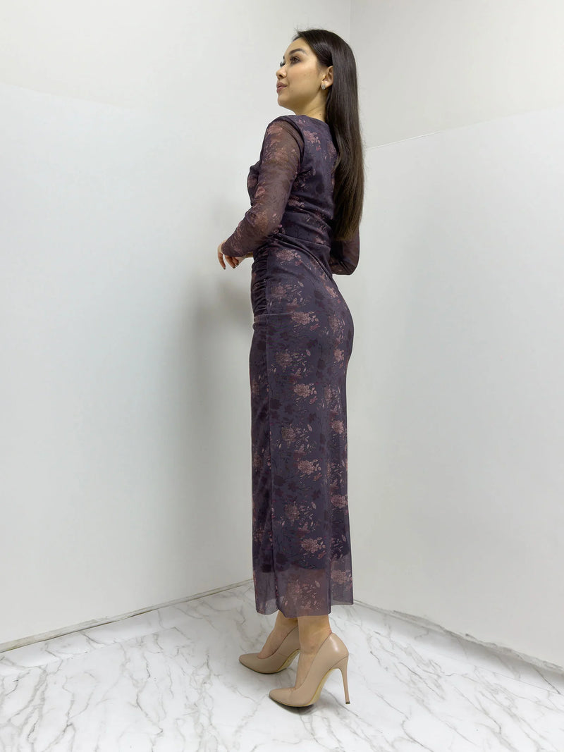 Mor Bisiklet Yaka Çiçek Desenli Likralı Tül Elbise

