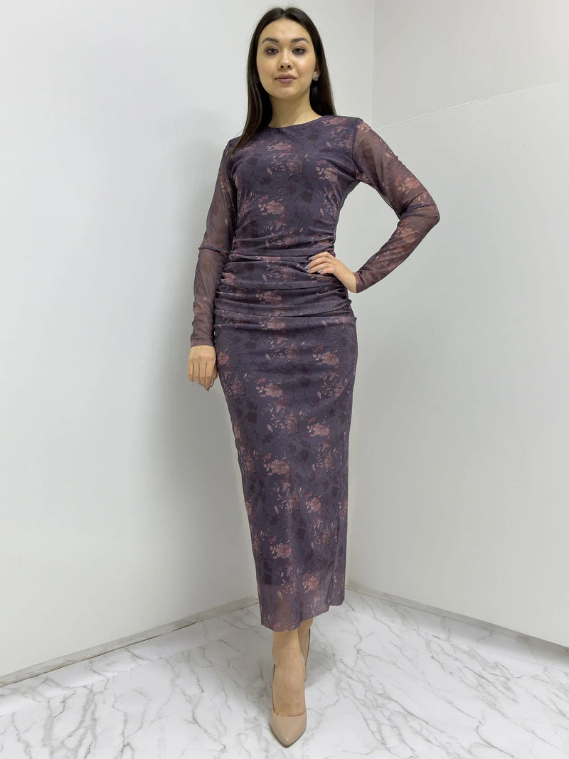 Mor Bisiklet Yaka Çiçek Desenli Likralı Tül Elbise

