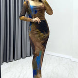 Kahverengi Kare Yaka Likralı Desenli Tül Elbise