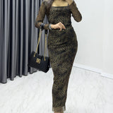 Kahverengi Kare Yaka Likralı Leopar Desen Tül Elbise