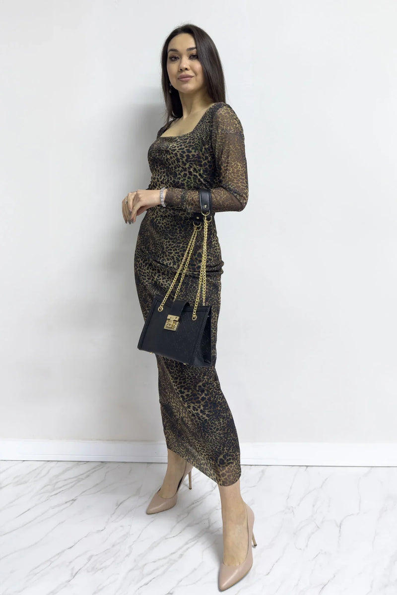 Kahverengi Kare Yaka Likralı Leopar Desen Tül Elbise

