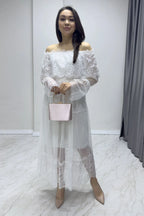 Beyaz Uzun Kol Tül Carmen Madonna Yaka Güpür Büyük Beden Elbise

