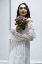 Beyaz Uzun Kol Tül Carmen Madonna Yaka Güpür Büyük Beden Elbise

