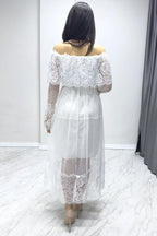 Beyaz Uzun Kol Tül Carmen Madonna Yaka Güpür Büyük Beden Elbise

