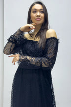 Siyah Uzun Kol Tül Carmen Madonna Yaka Güpür Büyük Beden Elbise

