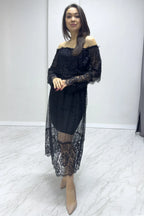 Siyah Uzun Kol Tül Carmen Madonna Yaka Güpür Büyük Beden Elbise

