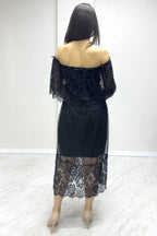 Siyah Uzun Kol Tül Carmen Madonna Yaka Güpür Büyük Beden Elbise

