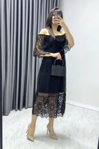 Siyah Güpür Detay Carmen Yaka Madonna Büyük Beden Elbise

