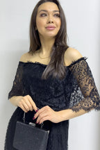 Siyah Güpür Detay Carmen Yaka Madonna Büyük Beden Elbise

