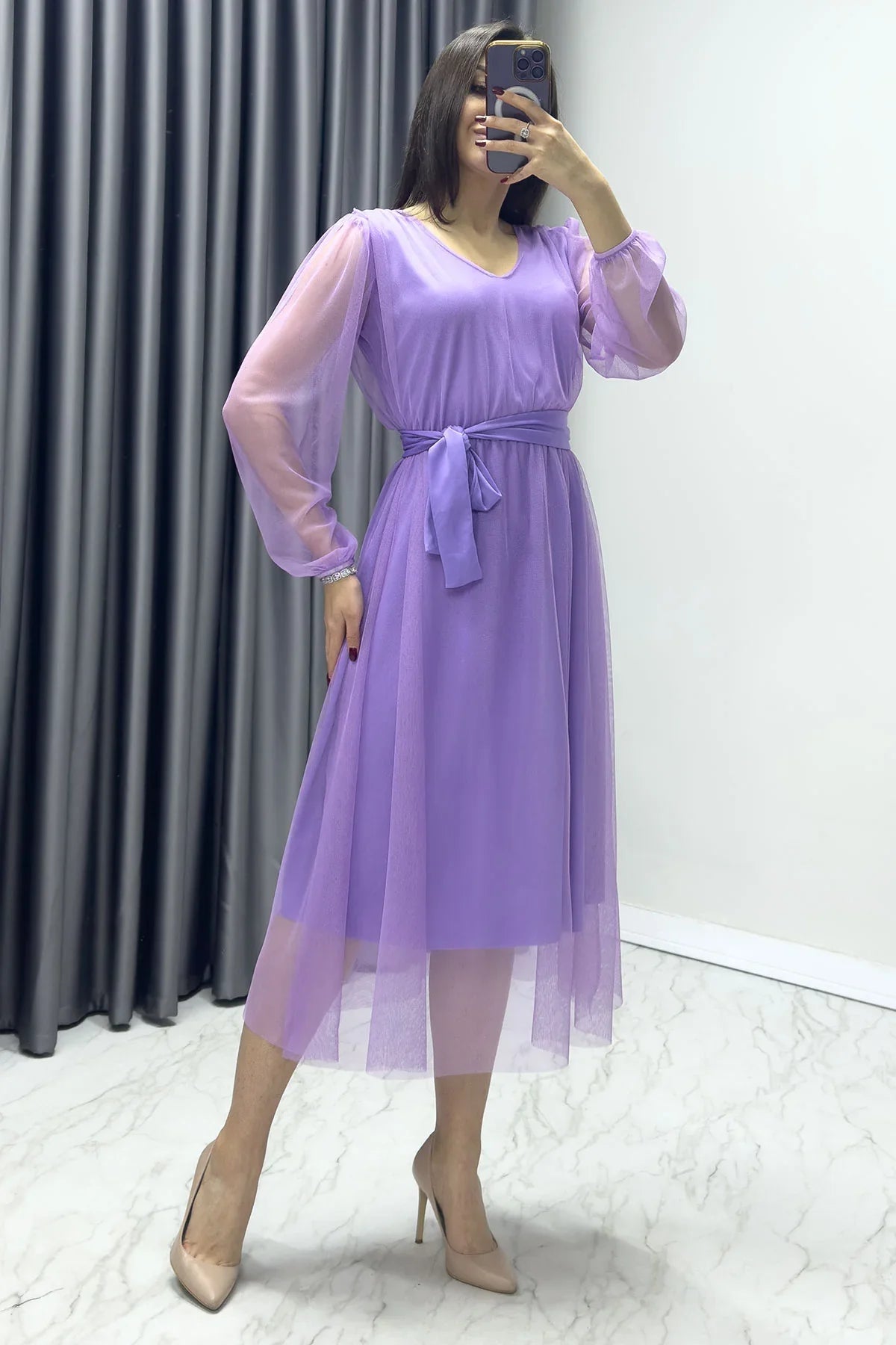 Lila V Yaka Tül Kloş Büyük Beden Elbise

