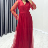 Kırmızı V Yaka Tül Abiye Elbise