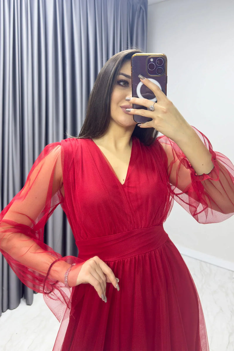 Kırmızı V Yaka Tül Abiye Elbise

