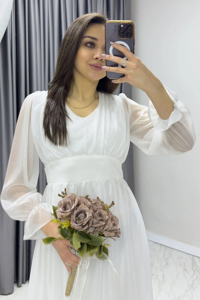 Simli Beyaz V Yaka Tül Abiye Elbise

