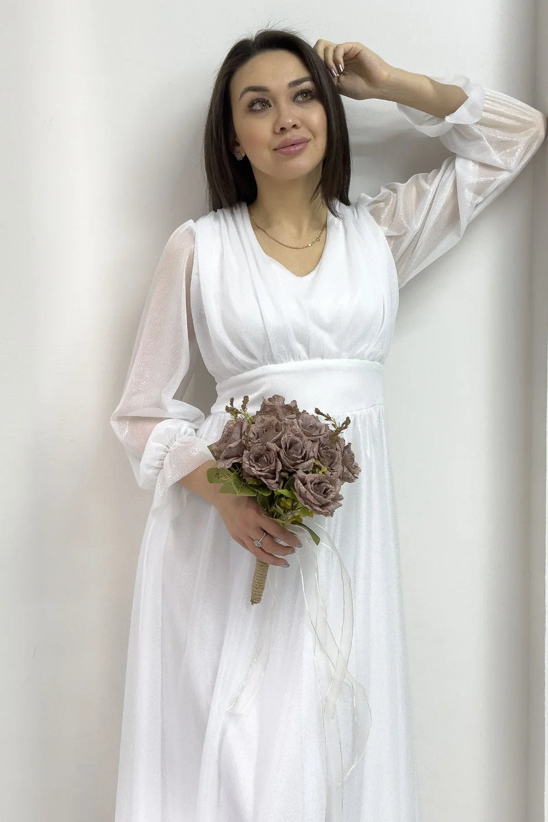 Simli Beyaz V Yaka Tül Abiye Elbise

