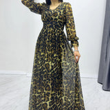 Leopar  V Yaka Tül Abiye Elbise