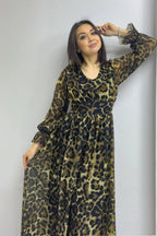 Leopar V Yaka Tül Abiye Elbise

