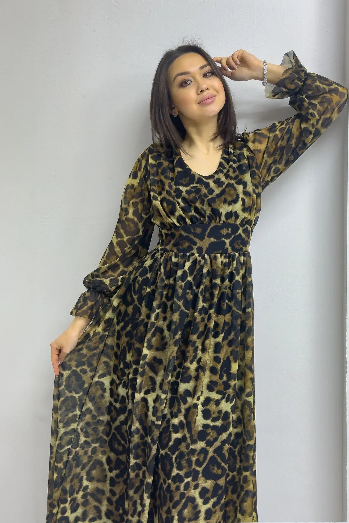 Leopar V Yaka Tül Abiye Elbise

