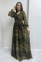 Leopar V Yaka Tül Abiye Elbise

