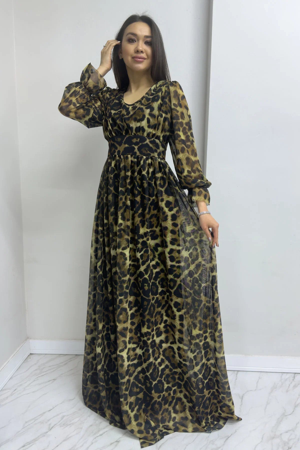 Leopar V Yaka Tül Abiye Elbise

