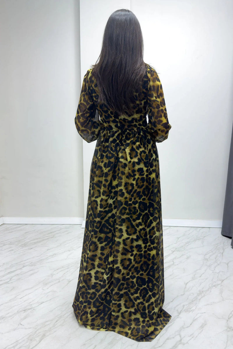Leopar V Yaka Tül Abiye Elbise

