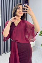 Bordo Taş Detaylı Volan Kol Simli Abiye Elbise