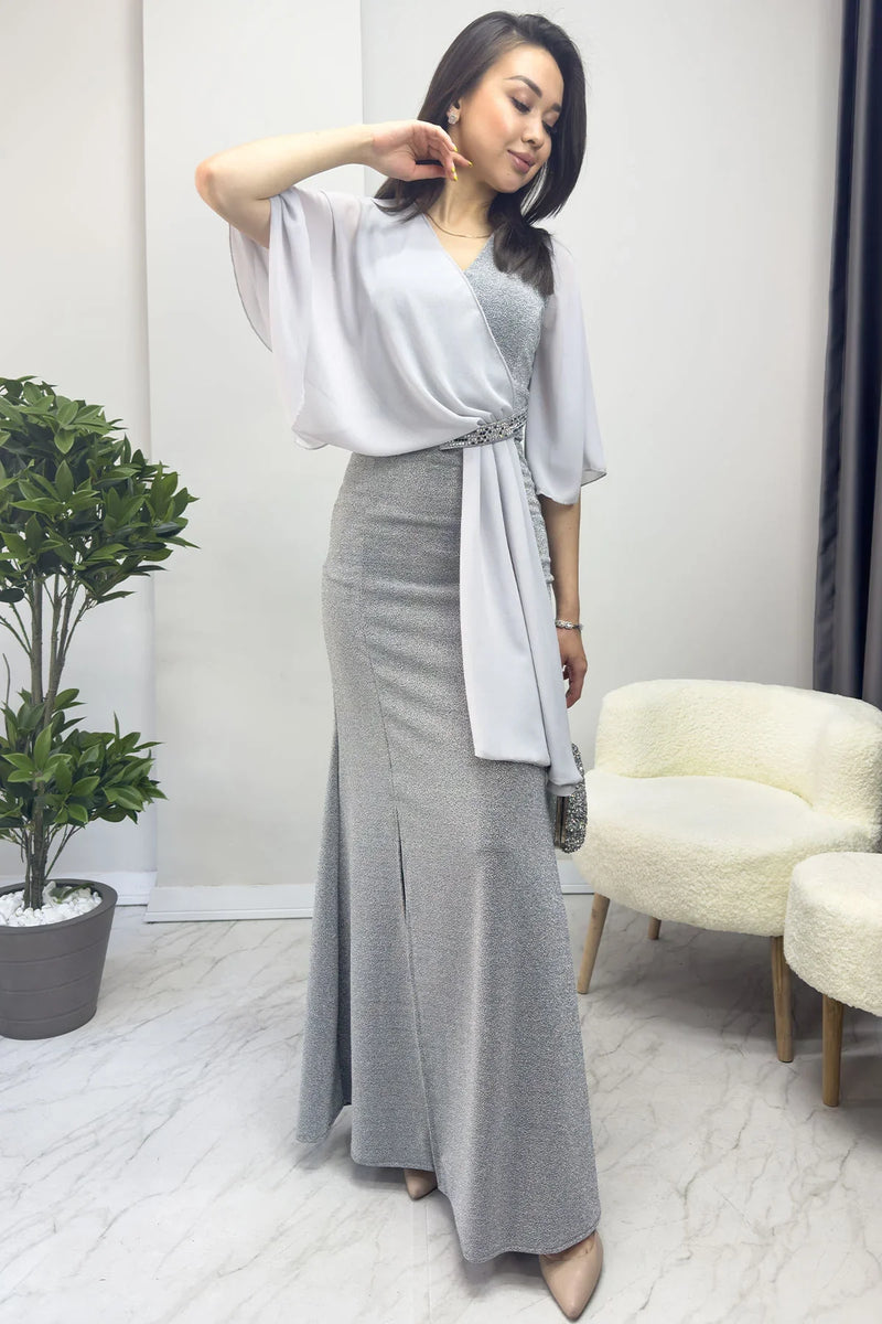 Gri Taş Detaylı Volan Kol Simli Abiye Elbise