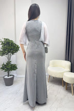 Gri Taş Detaylı Volan Kol Simli Abiye Elbise