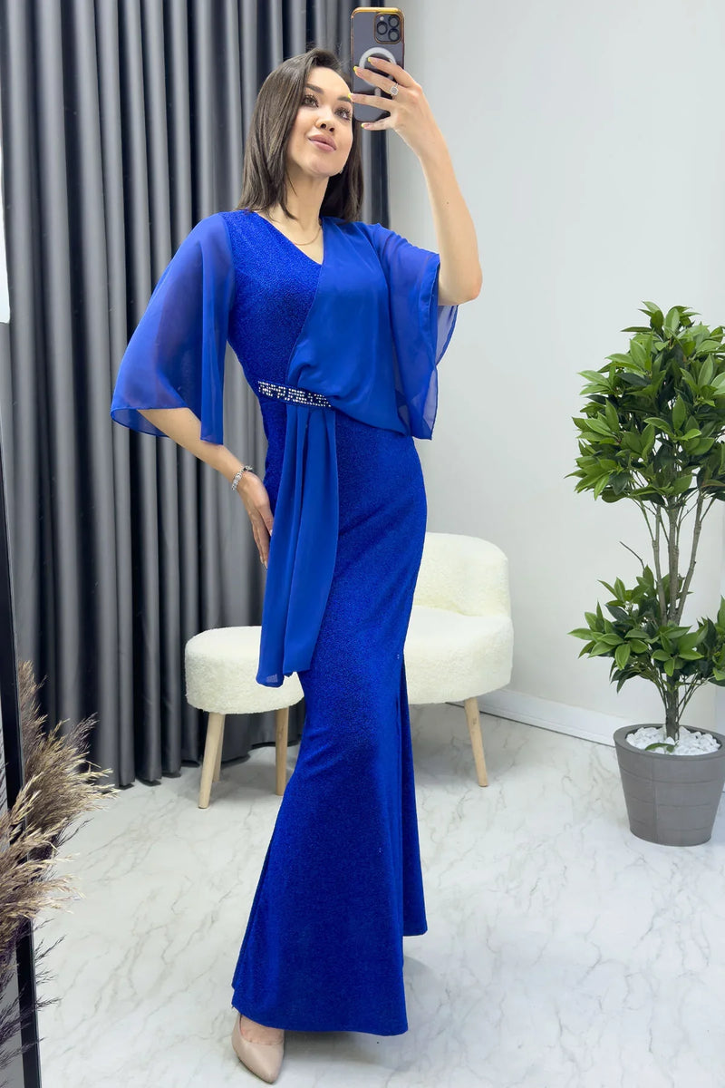 Saks Taş Detaylı Volan Kol Simli Abiye Elbise