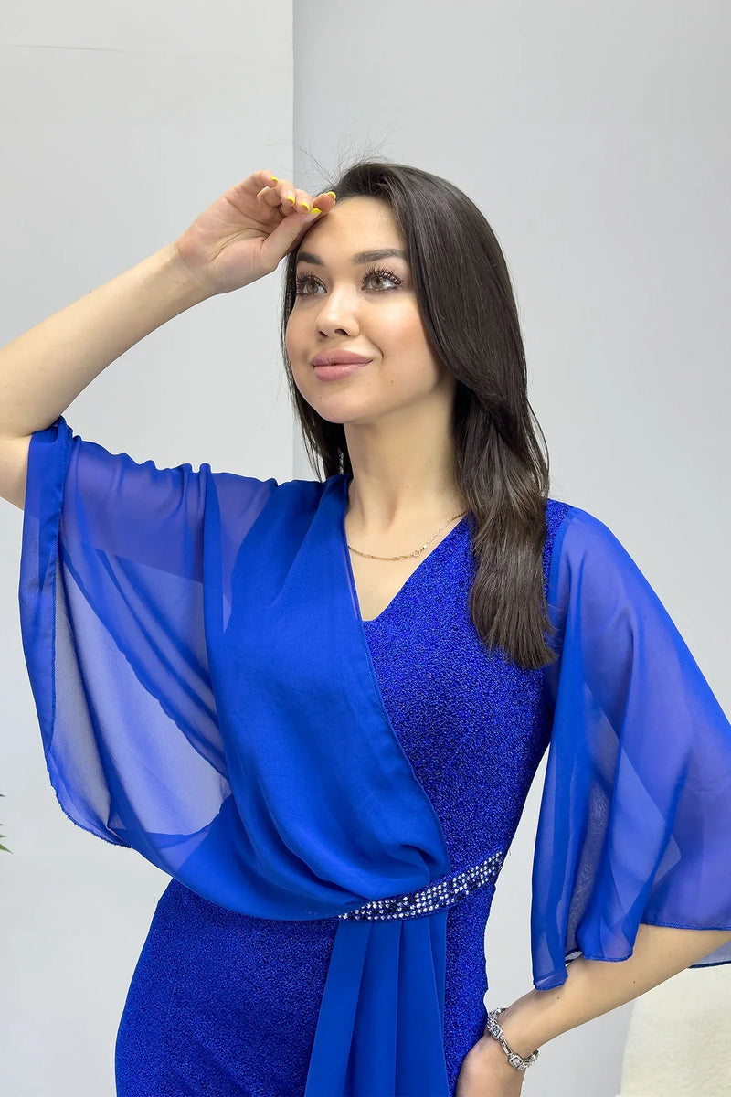 Saks Taş Detaylı Volan Kol Simli Abiye Elbise