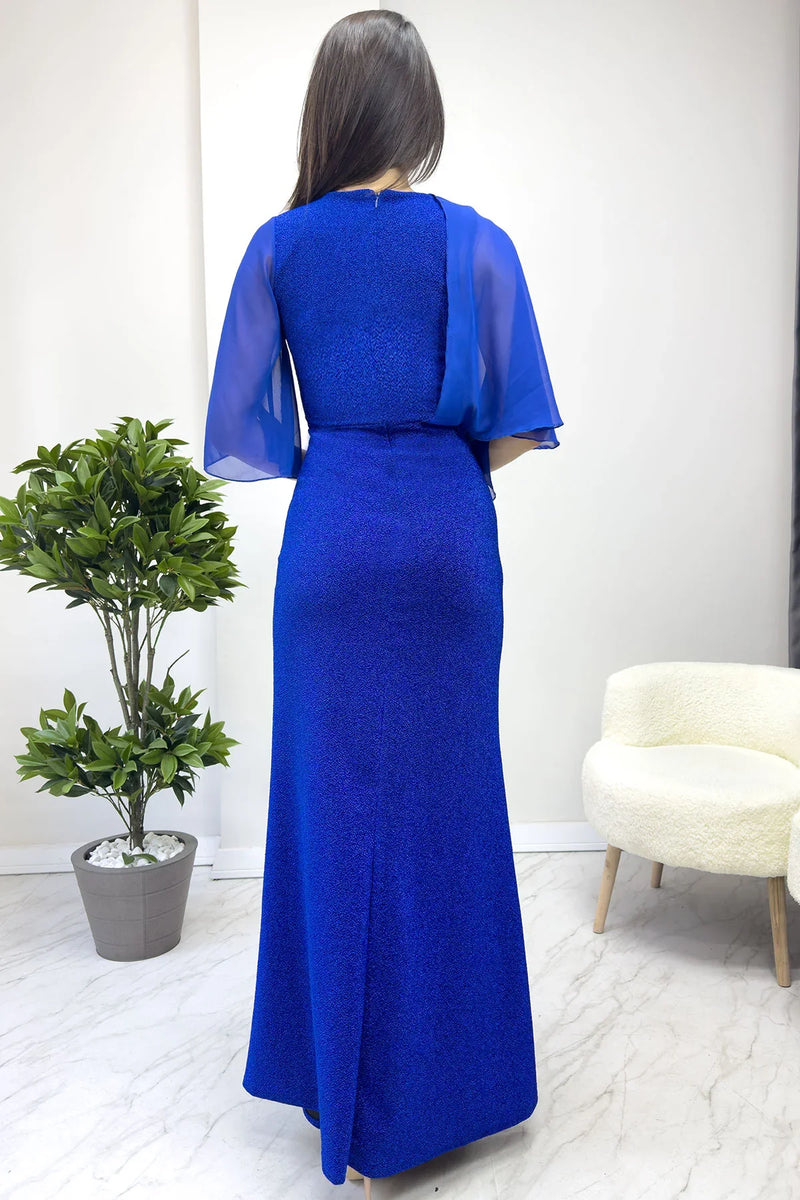 Saks Taş Detaylı Volan Kol Simli Abiye Elbise