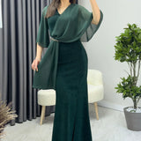 Zümrüt Yeşili Taş Detaylı Volan Kol Simli Abiye Elbise