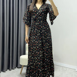 Siyah Krep Mini Çiçek Desen Valonlu Elbise