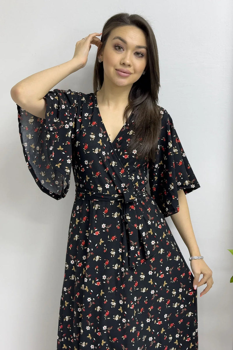 Siyah Krep Mini Çiçek Desen Valonlu Elbise