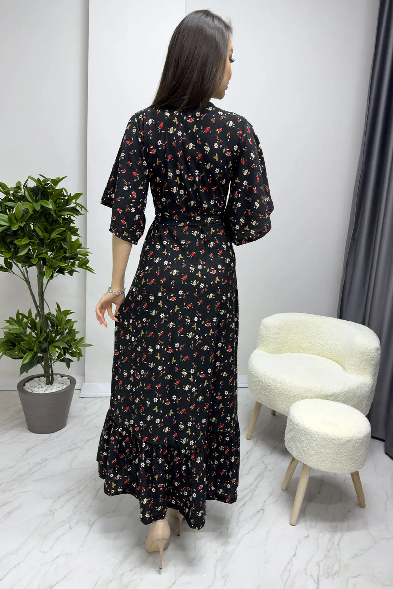 Siyah Krep Mini Çiçek Desen Valonlu Elbise