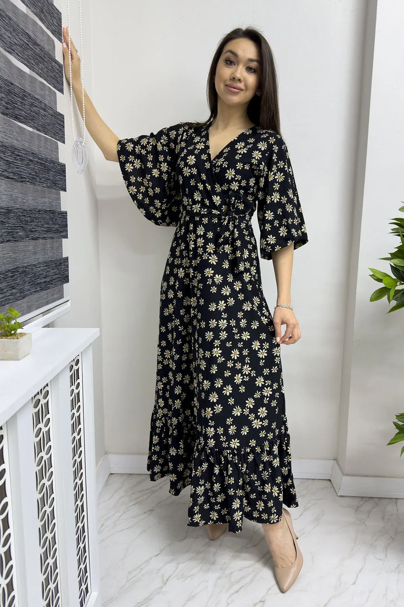 Siyah Krep Papatya Desen Valonlu Elbise