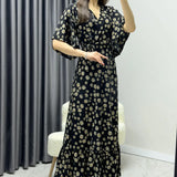 Siyah Krep Papatya Desen Valonlu Elbise