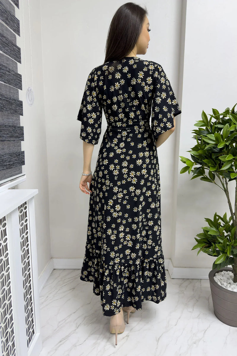 Siyah Krep Papatya Desen Valonlu Elbise